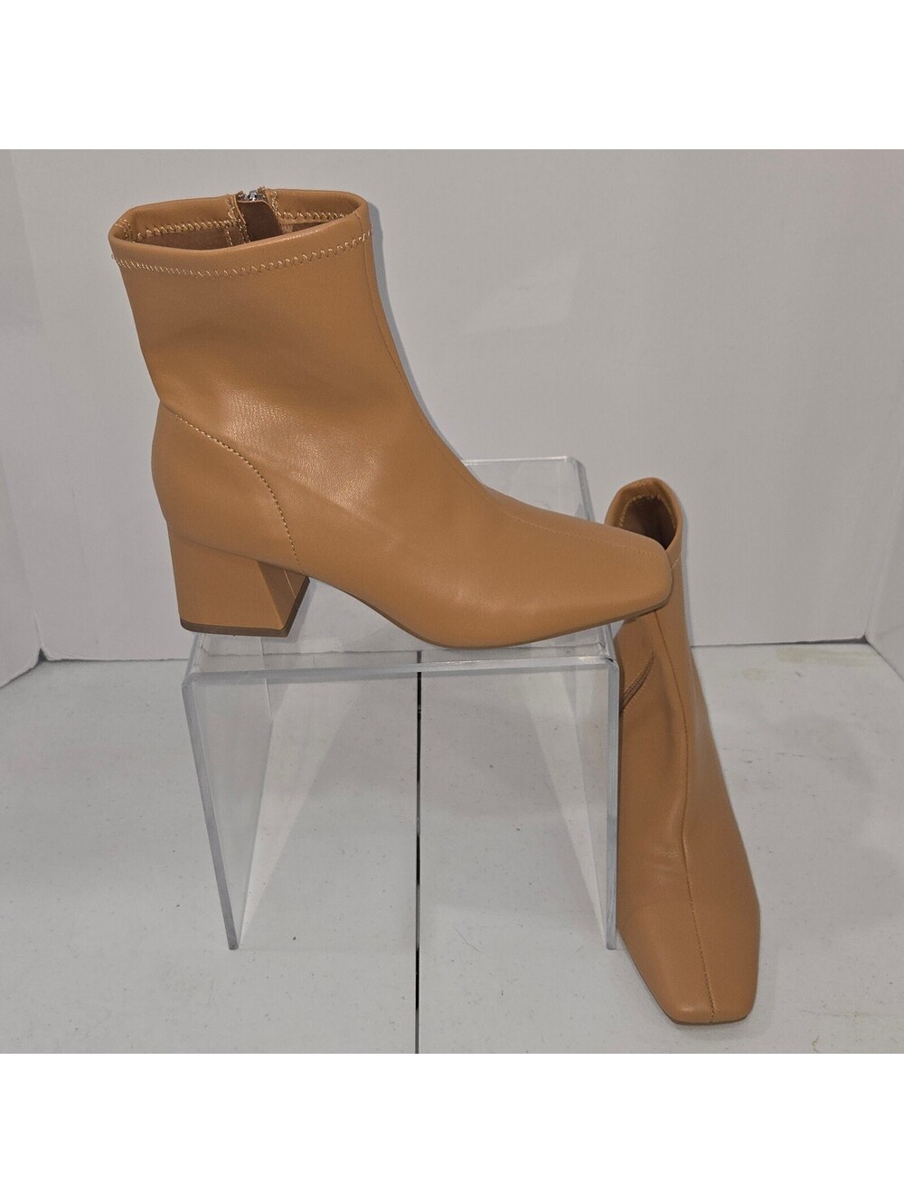 Women's Camel Tan Faux Leather Sock Ankle Booties Square Toe Block Heel Size 6.5